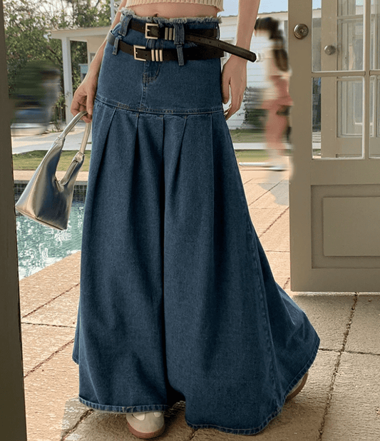 Leather Belted Denim Maxi Skirt