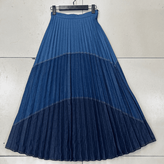 Pleated Denim Maxi Skirt