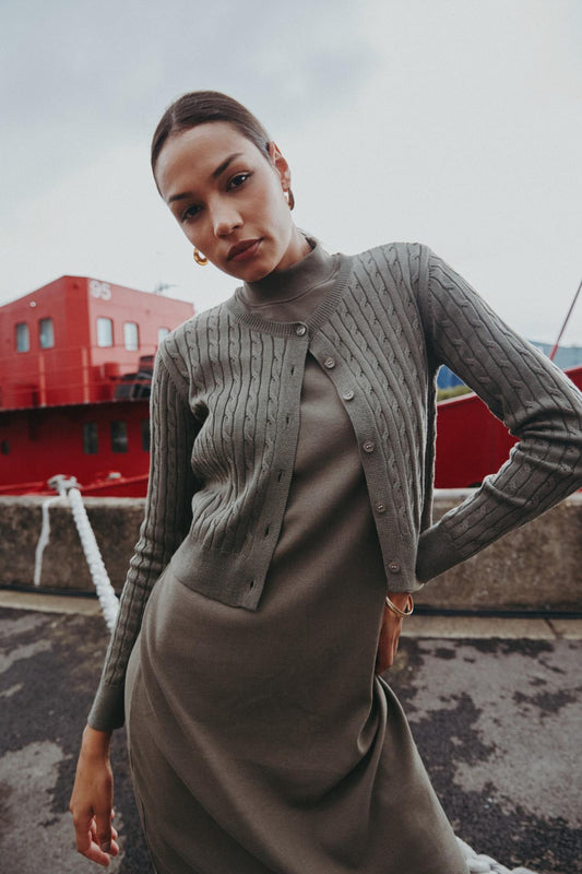 Cableknit Cardigan with Ribbed Maxi Black