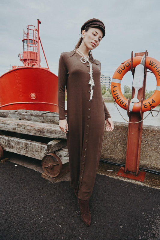 Ribbed Button Maxi Brown