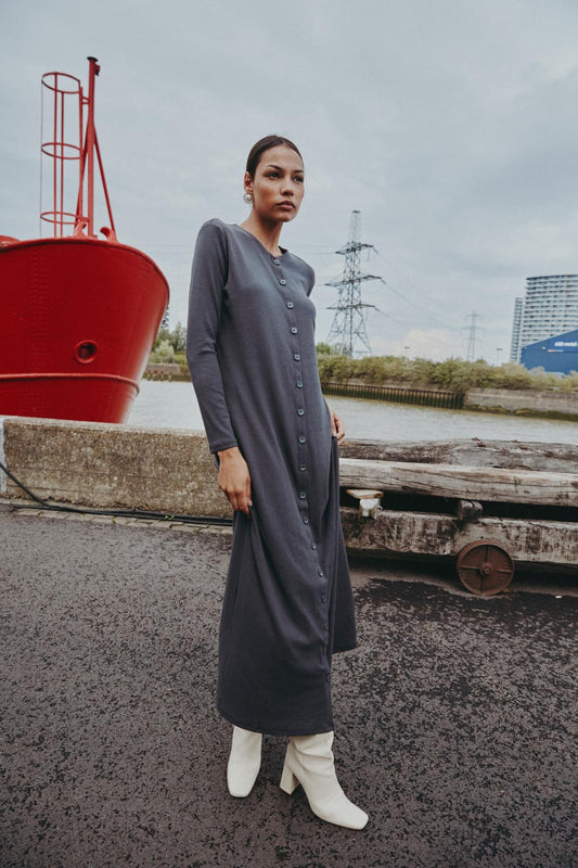 Ribbed Button Maxi Charcoal