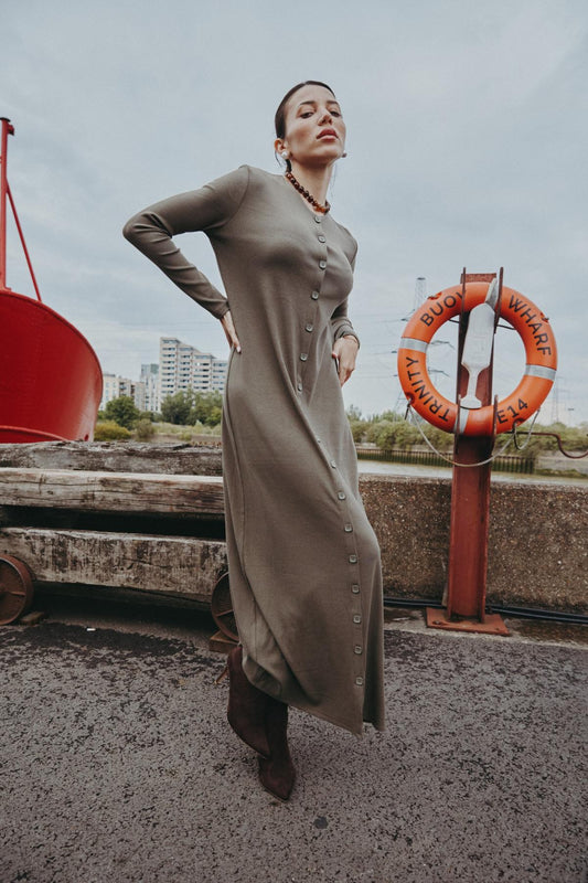 Ribbed Button Maxi Sage Green