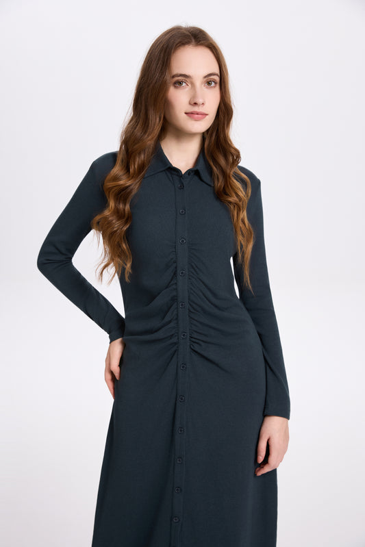 Ribbed Ruched Dress Deep Blue