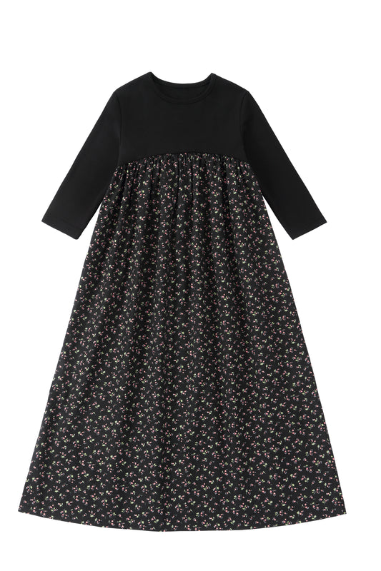 Girl Black Floral Print Robe (Blend of T-shirt & Robe)