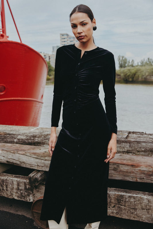 Velour Ruched Black Maxi